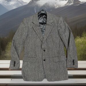 VTG Joe Namath Signature Collection Gray 40L Herringbone Wool Blazer Coat Jacket